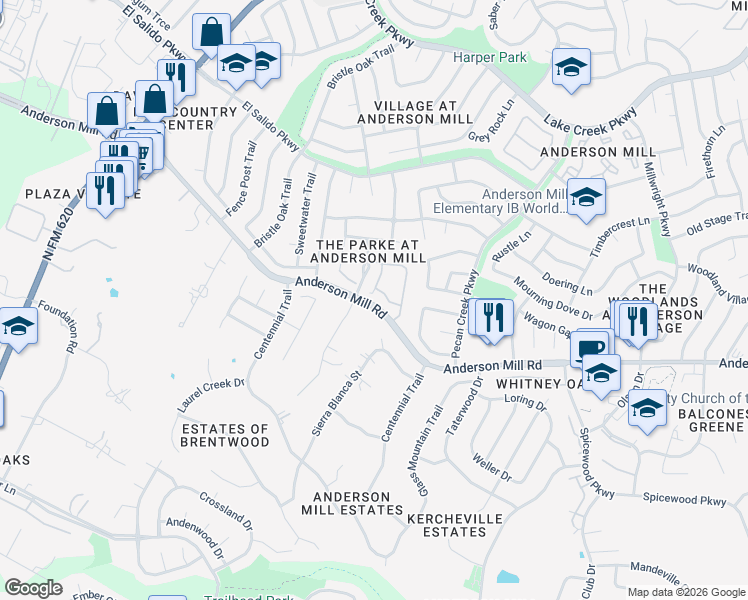 map of restaurants, bars, coffee shops, grocery stores, and more near 11000 Anderson Mill Road in Austin