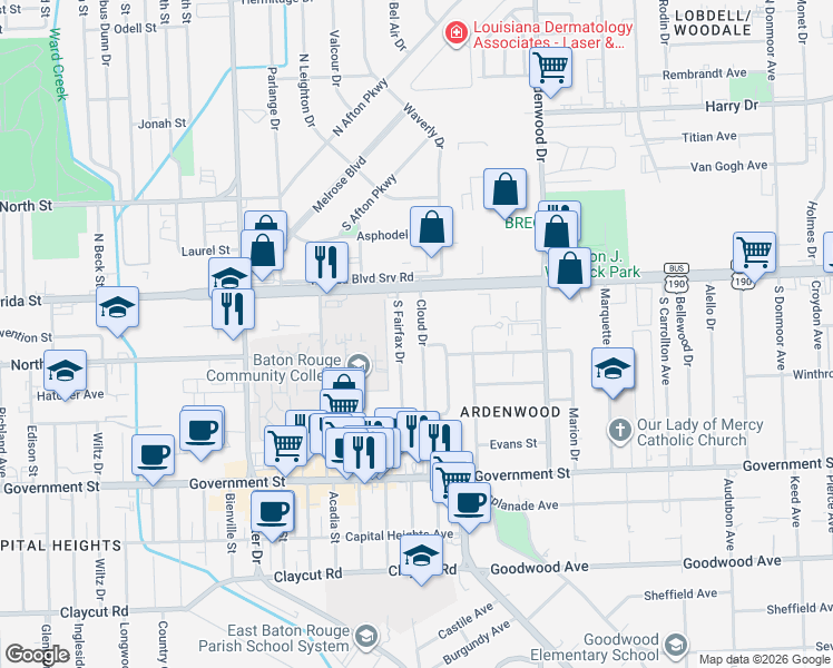 map of restaurants, bars, coffee shops, grocery stores, and more near 120 Cloud Drive in Baton Rouge