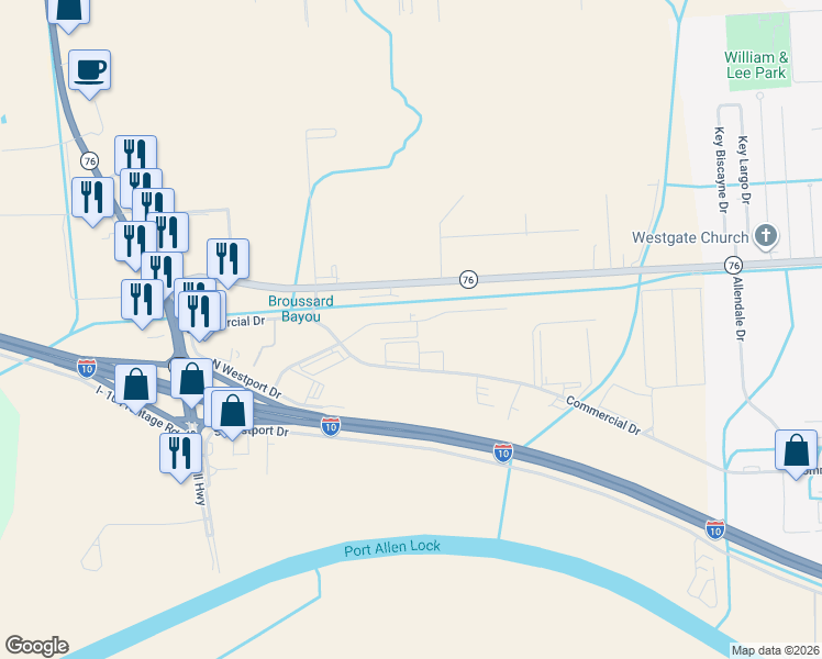 map of restaurants, bars, coffee shops, grocery stores, and more near 2433 Larguier Lane in Port Allen