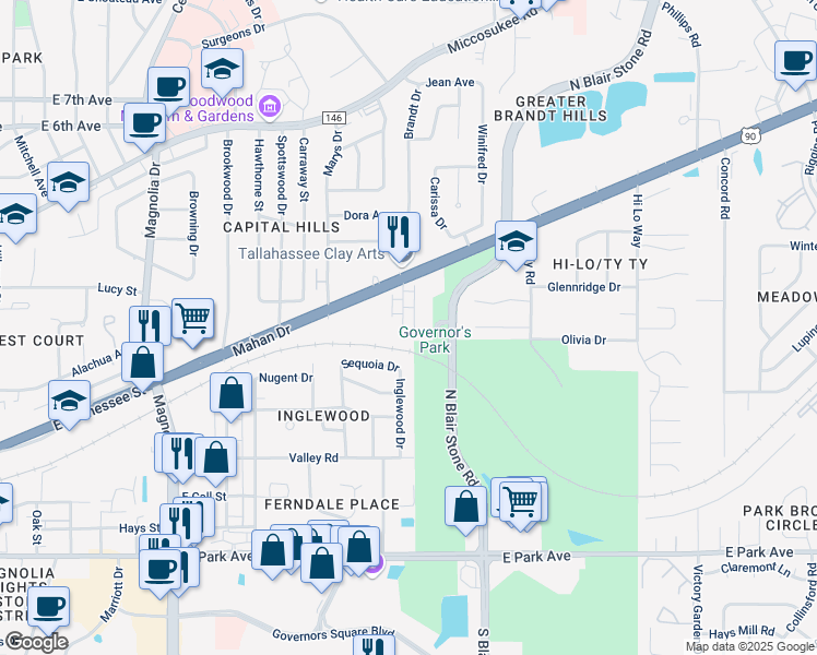 map of restaurants, bars, coffee shops, grocery stores, and more near 729 Pointe Court in Tallahassee