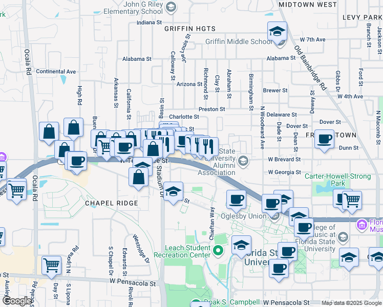 map of restaurants, bars, coffee shops, grocery stores, and more near 735 Wadsworth Street in Tallahassee
