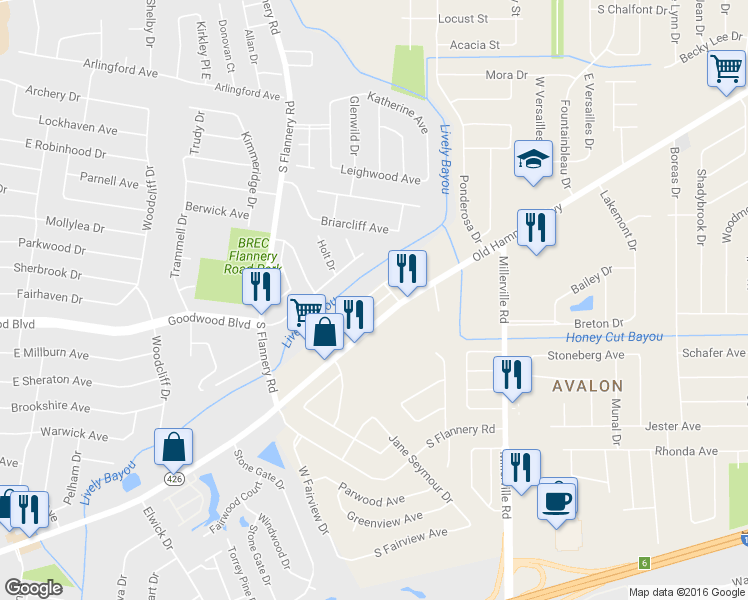 map of restaurants, bars, coffee shops, grocery stores, and more near 14015 Azalea Park Avenue in Baton Rouge