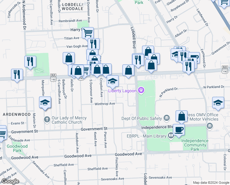 map of restaurants, bars, coffee shops, grocery stores, and more near 161 Ocean Drive in Baton Rouge
