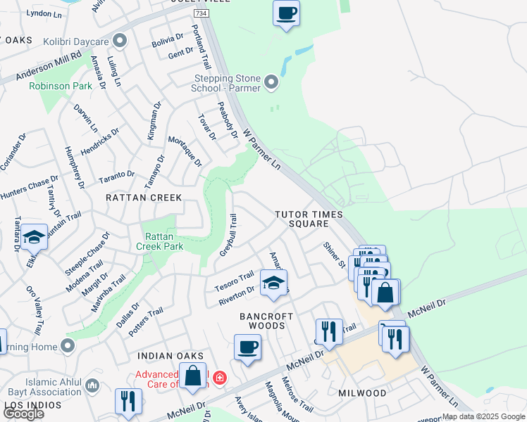map of restaurants, bars, coffee shops, grocery stores, and more near 13259 Kerrville Folkway in Austin