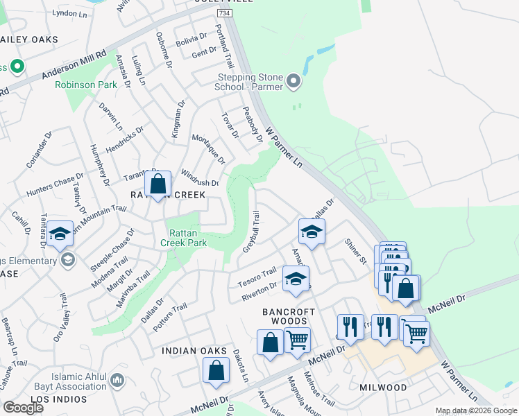 map of restaurants, bars, coffee shops, grocery stores, and more near 7204 Pine Bluffs Trail in Austin