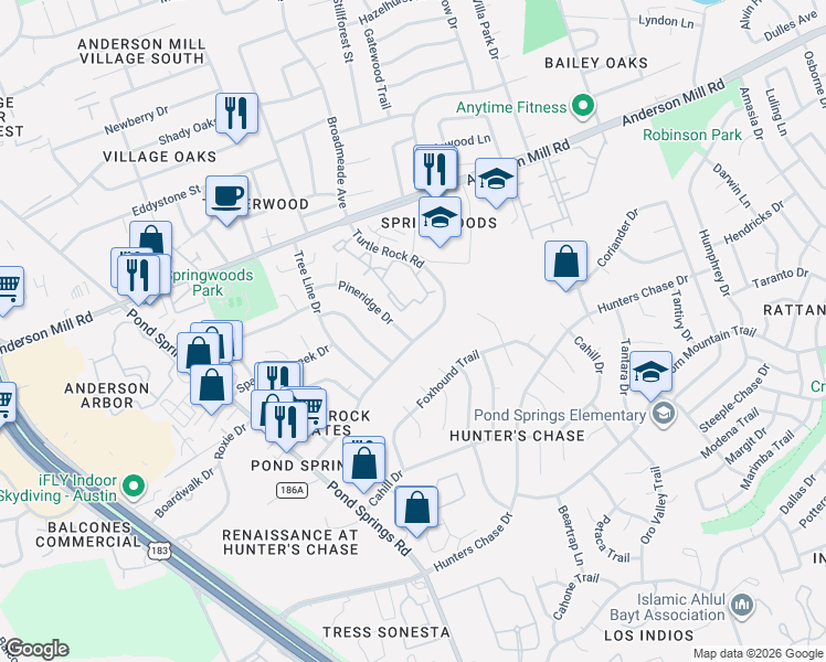 map of restaurants, bars, coffee shops, grocery stores, and more near 8708 Pineridge Drive in Austin