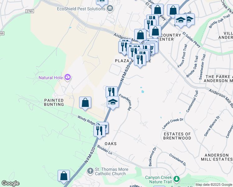 map of restaurants, bars, coffee shops, grocery stores, and more near 10910 North FM 620 in Austin