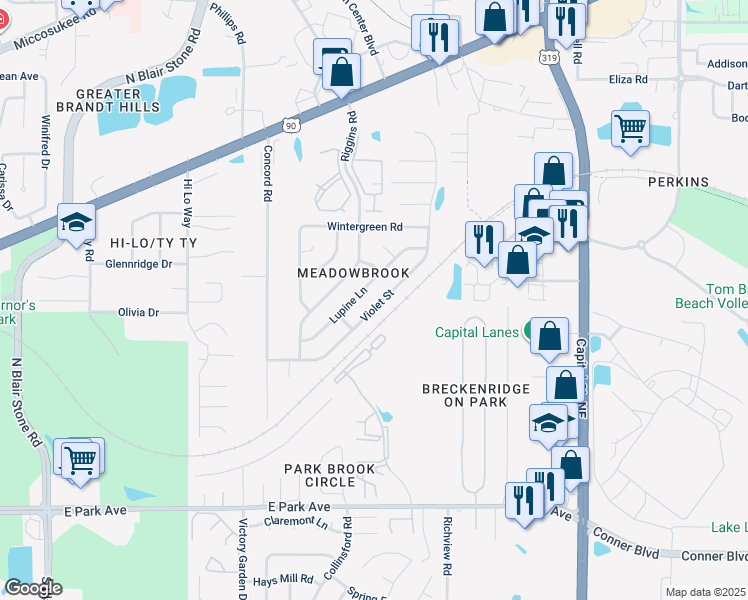 map of restaurants, bars, coffee shops, grocery stores, and more near 728 Violet Street in Tallahassee