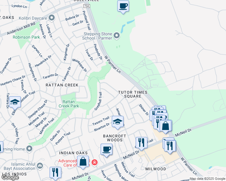 map of restaurants, bars, coffee shops, grocery stores, and more near 13259 Kerrville Folkway in Austin