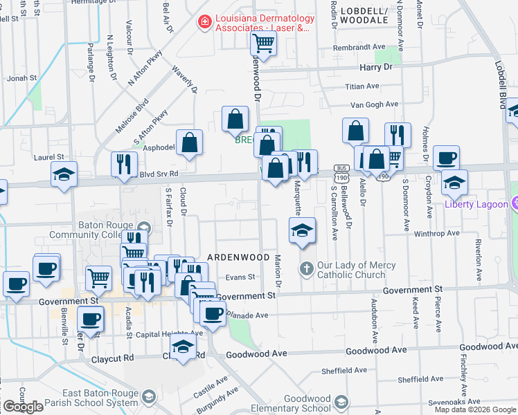 map of restaurants, bars, coffee shops, grocery stores, and more near 170 S Ardenwood Dr in Baton Rouge