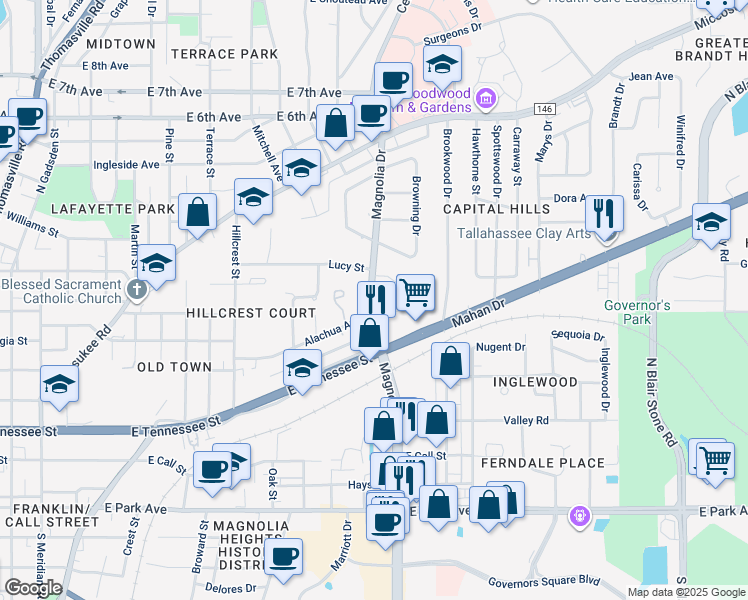 map of restaurants, bars, coffee shops, grocery stores, and more near 607 North Magnolia Drive in Tallahassee