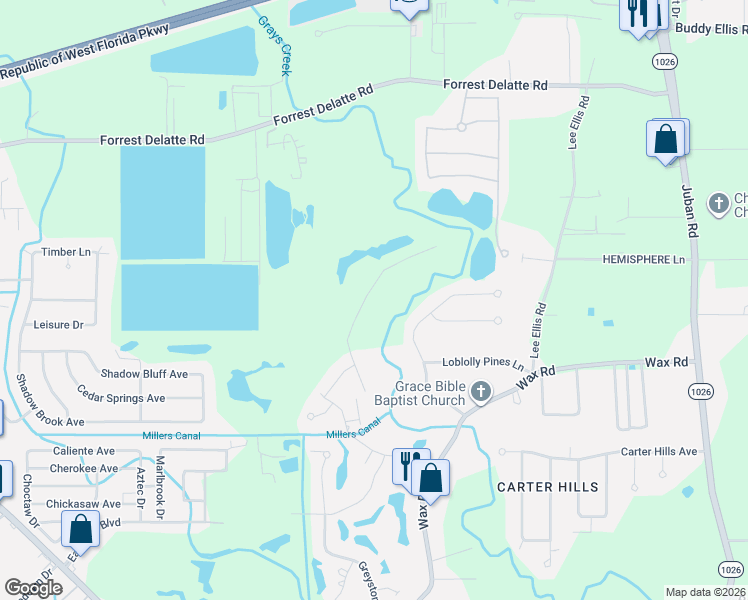 map of restaurants, bars, coffee shops, grocery stores, and more near 26177 Whispering Pines Avenue in Denham Springs