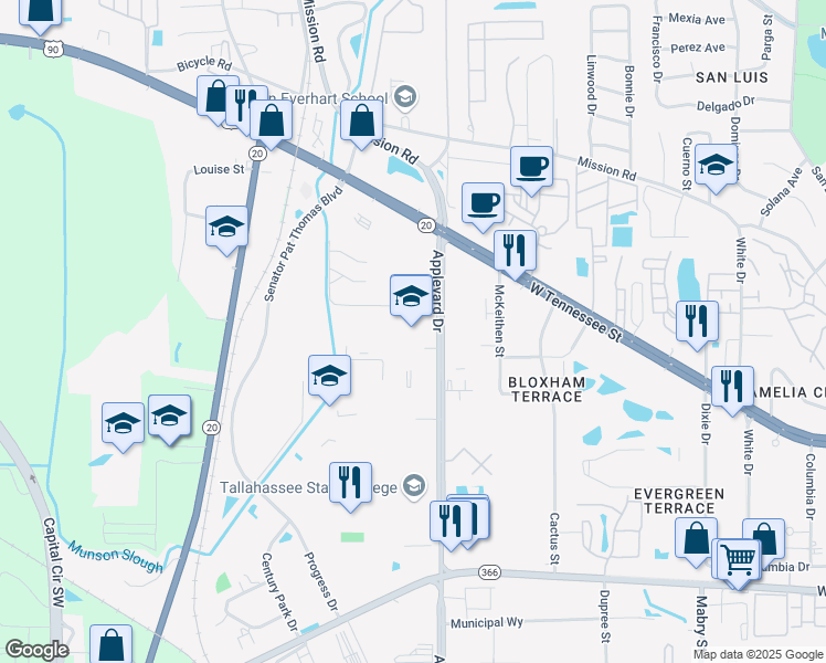 map of restaurants, bars, coffee shops, grocery stores, and more near 526 Appleyard Drive in Tallahassee