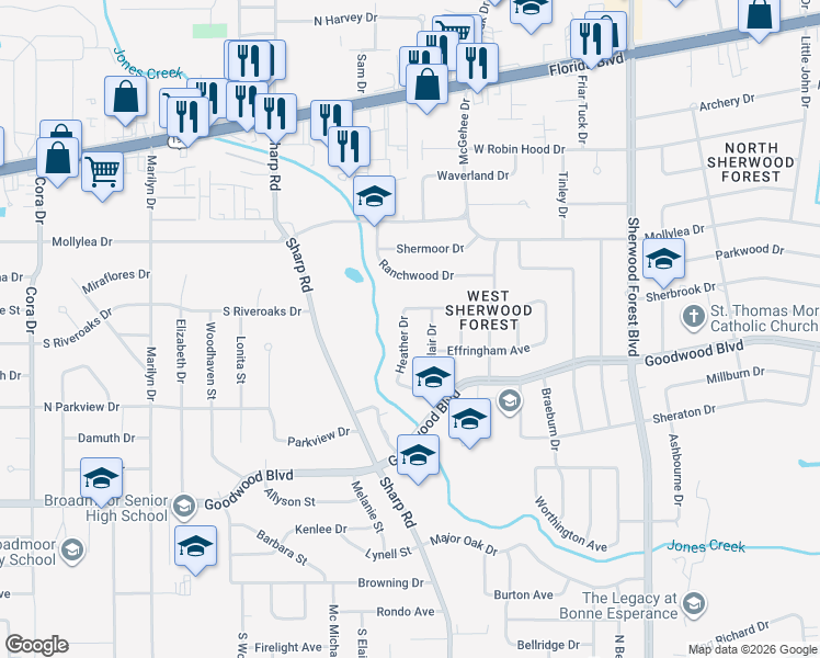 map of restaurants, bars, coffee shops, grocery stores, and more near 820 Sinclair Drive in Baton Rouge