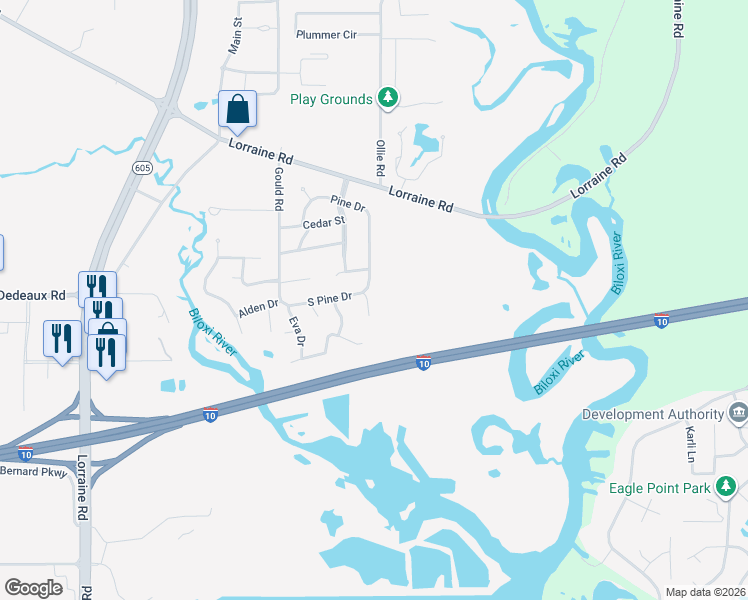 map of restaurants, bars, coffee shops, grocery stores, and more near 11398 South Pine Drive in Gulfport