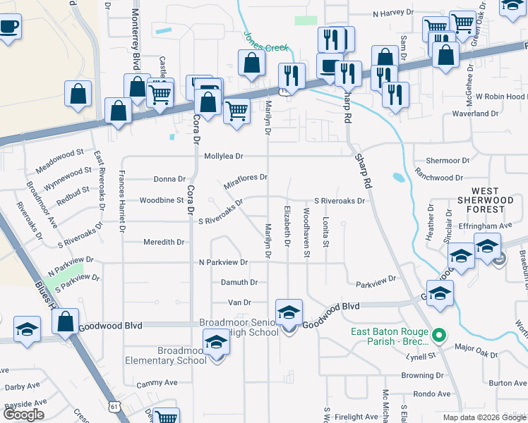 map of restaurants, bars, coffee shops, grocery stores, and more near 524 Marilyn Drive in Baton Rouge