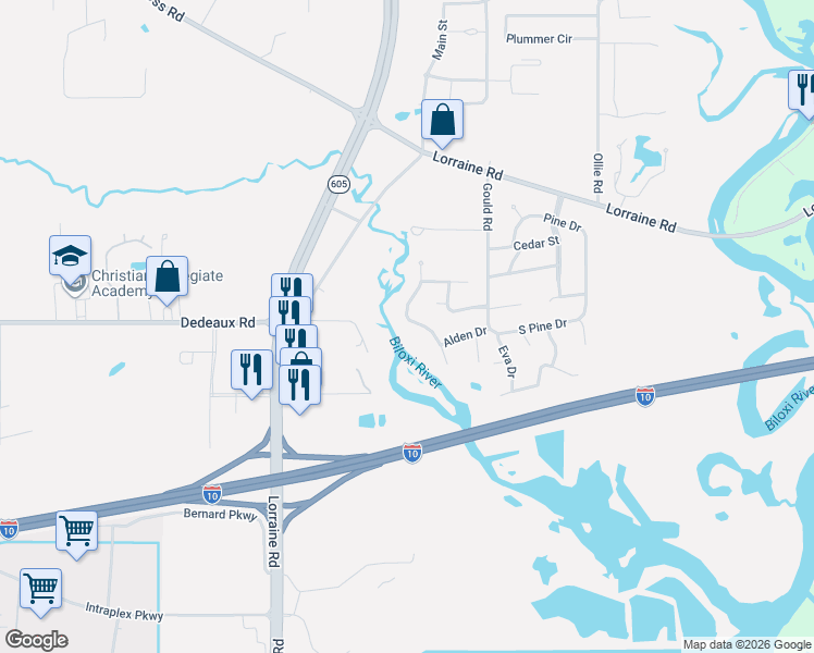 map of restaurants, bars, coffee shops, grocery stores, and more near 11318 Creek Drive in Gulfport
