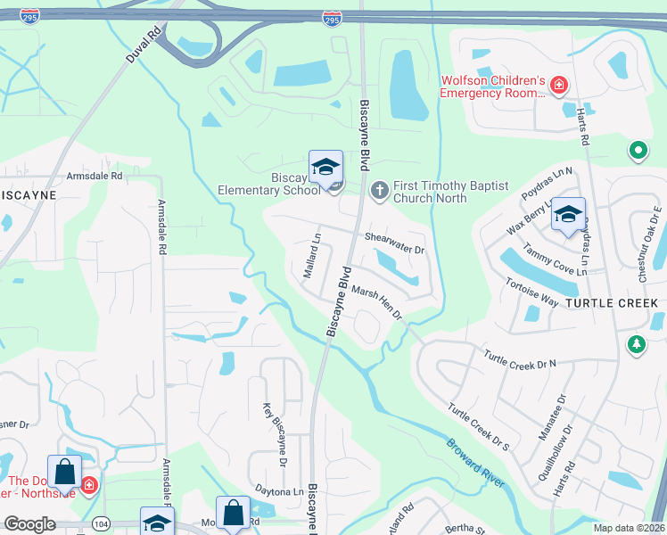 map of restaurants, bars, coffee shops, grocery stores, and more near 11780 Biscayne Boulevard in Jacksonville