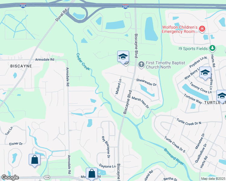 map of restaurants, bars, coffee shops, grocery stores, and more near 11762 Mallard Lane in Jacksonville
