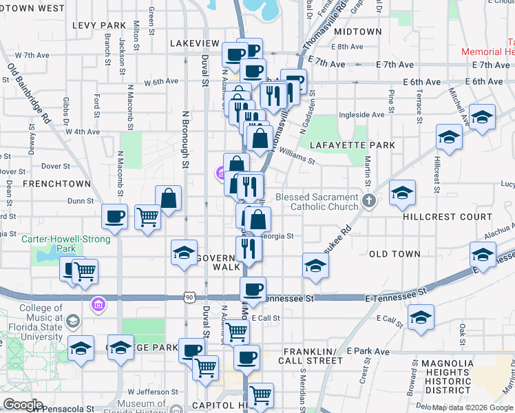 map of restaurants, bars, coffee shops, grocery stores, and more near 737 Florida 61 in Tallahassee