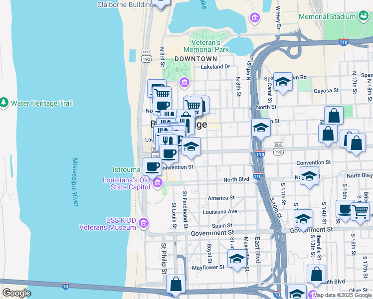 map of restaurants, bars, coffee shops, grocery stores, and more near 451 U.S. 190 Business in Baton Rouge