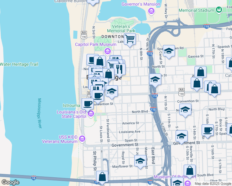 map of restaurants, bars, coffee shops, grocery stores, and more near 333 North 6th Street in Baton Rouge