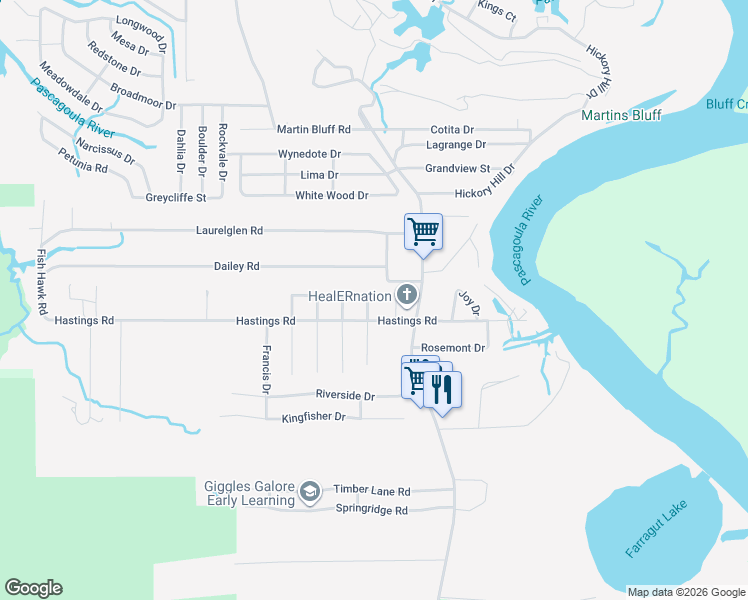 map of restaurants, bars, coffee shops, grocery stores, and more near 1500 Sunrise Drive in Gautier