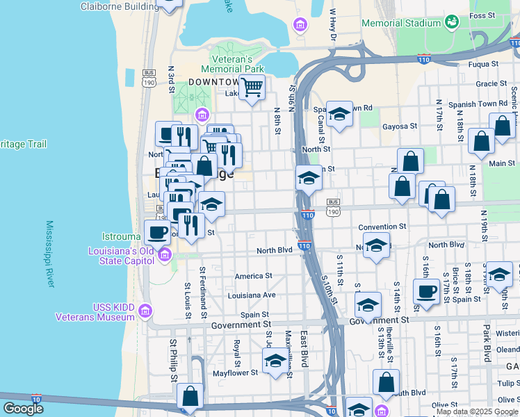 map of restaurants, bars, coffee shops, grocery stores, and more near 707 Florida Street in Baton Rouge