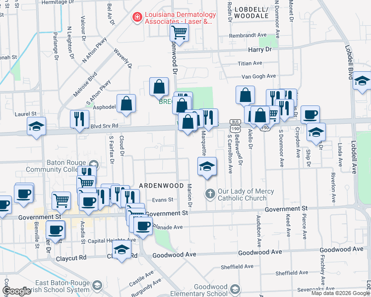 map of restaurants, bars, coffee shops, grocery stores, and more near 6184 Florida Boulevard in Baton Rouge