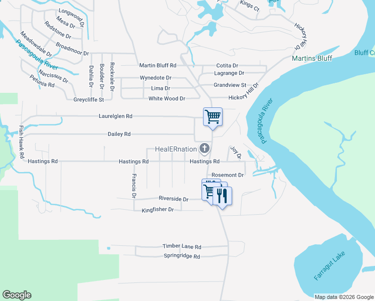 map of restaurants, bars, coffee shops, grocery stores, and more near 7412 Melody Drive in Gautier