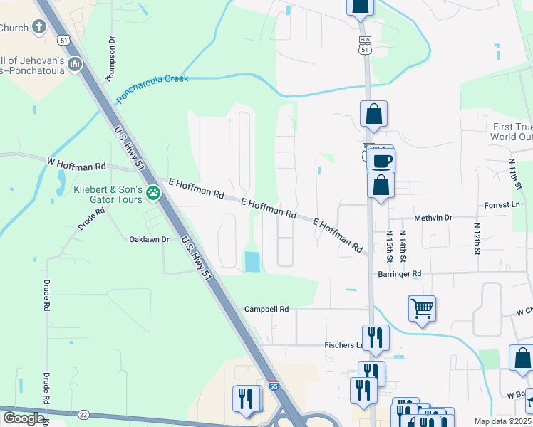map of restaurants, bars, coffee shops, grocery stores, and more near 15639 East Hoffman Road in Ponchatoula