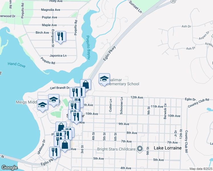 map of restaurants, bars, coffee shops, grocery stores, and more near 1350 Joe Martin Circle in Shalimar