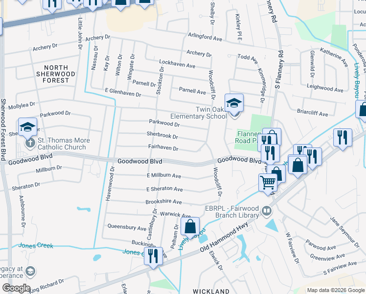 map of restaurants, bars, coffee shops, grocery stores, and more near 12607 Fairhaven Drive in Baton Rouge