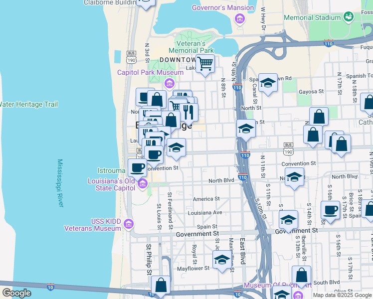 map of restaurants, bars, coffee shops, grocery stores, and more near 333 North 6th Street in Baton Rouge