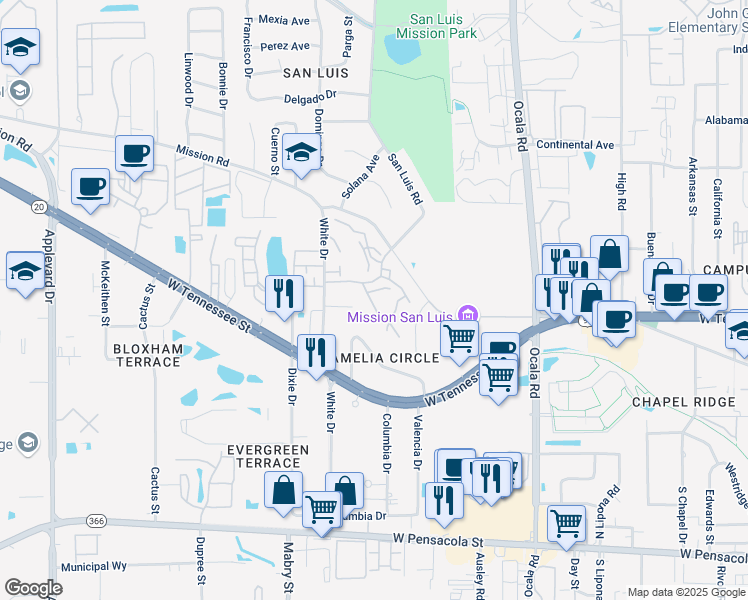 map of restaurants, bars, coffee shops, grocery stores, and more near 2227 Timberwood Circle South in Tallahassee