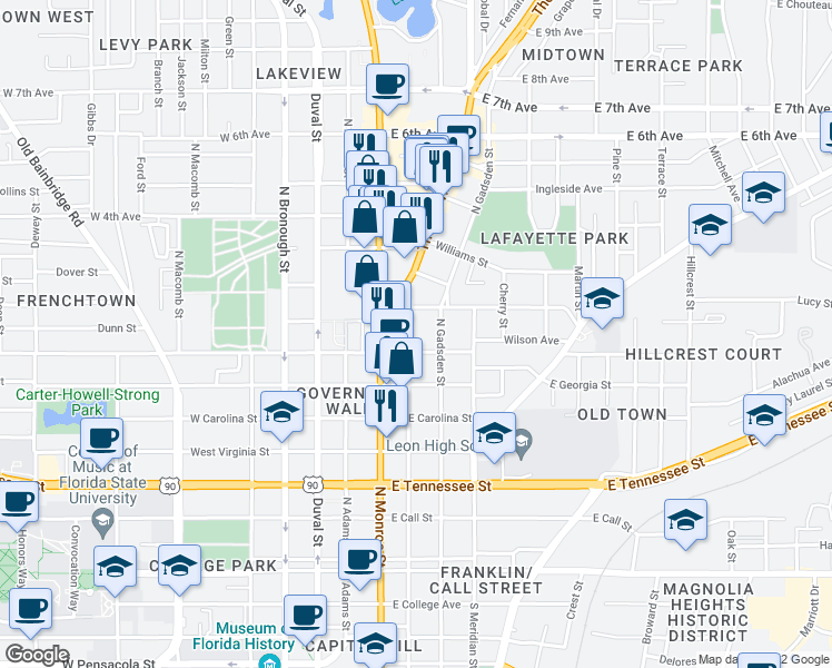 map of restaurants, bars, coffee shops, grocery stores, and more near 719 North Calhoun Street in Tallahassee