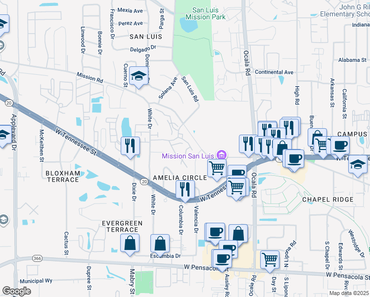 map of restaurants, bars, coffee shops, grocery stores, and more near 2199 Timberwood Circle North in Tallahassee