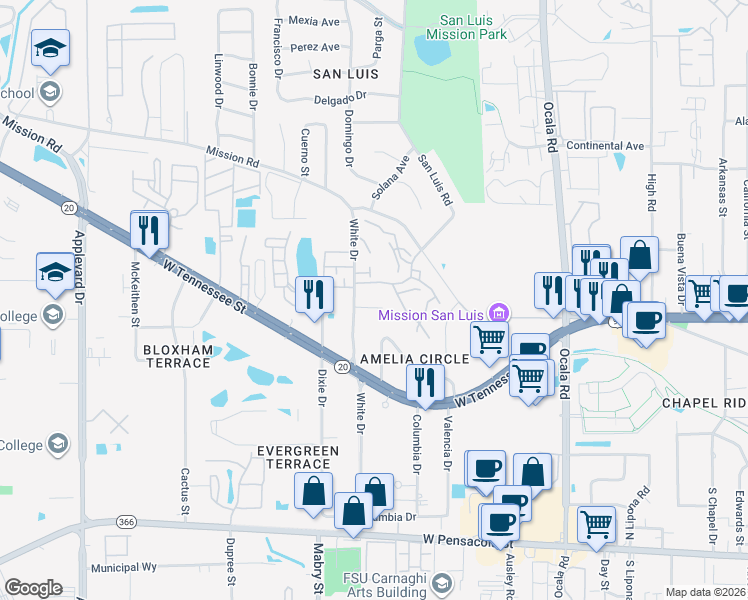 map of restaurants, bars, coffee shops, grocery stores, and more near 735 White Drive in Tallahassee