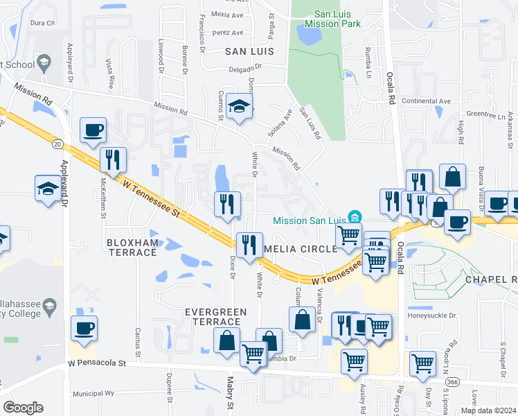 map of restaurants, bars, coffee shops, grocery stores, and more near 735 White Drive in Tallahassee