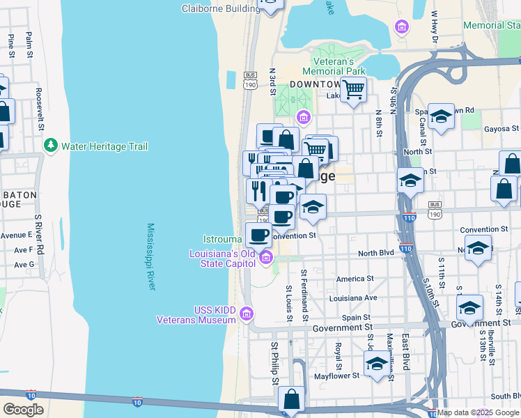 map of restaurants, bars, coffee shops, grocery stores, and more near 342 Lafayette Street in Baton Rouge