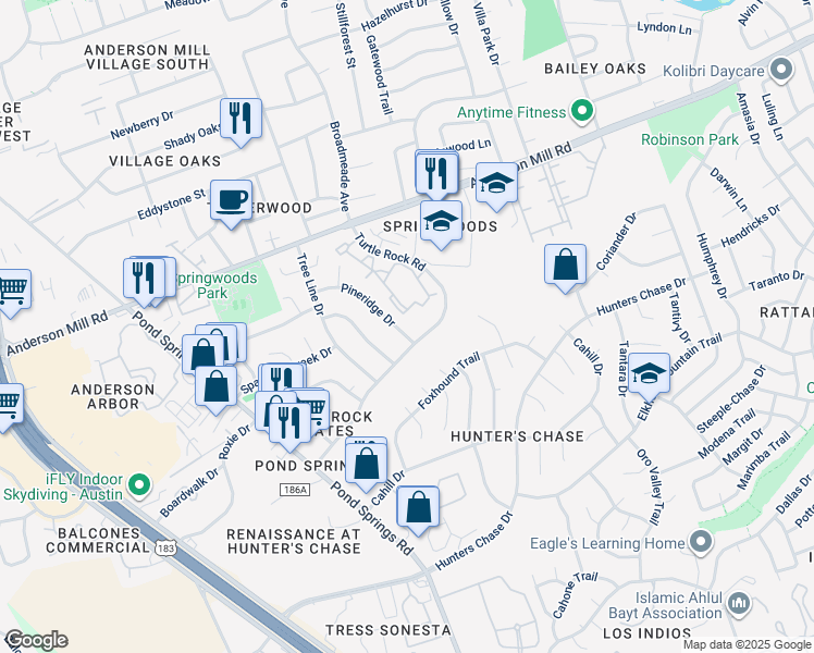 map of restaurants, bars, coffee shops, grocery stores, and more near 8708 Pineridge Drive in Austin