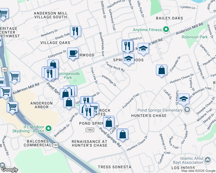 map of restaurants, bars, coffee shops, grocery stores, and more near 8806 Piney Point Drive in Austin