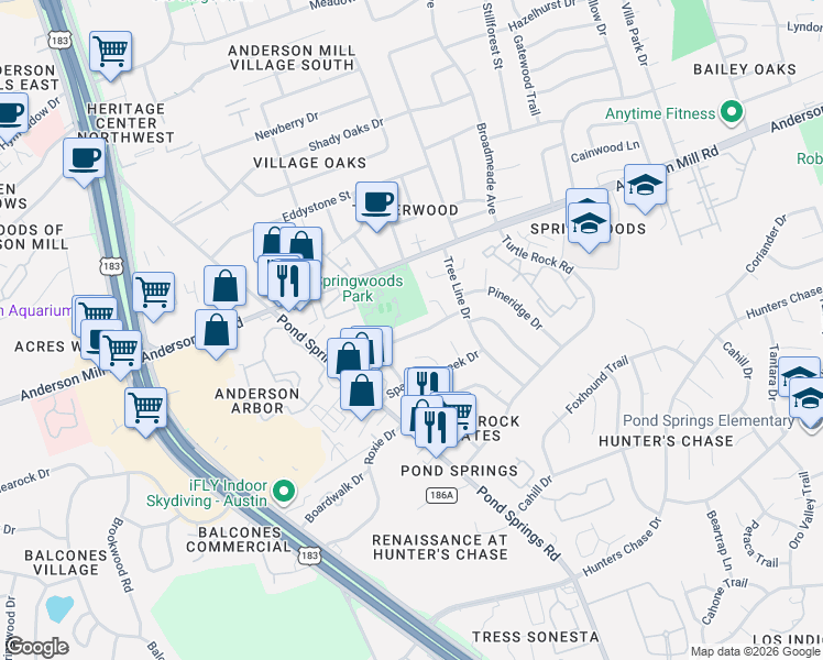 map of restaurants, bars, coffee shops, grocery stores, and more near 9006 Bubbling Springs Trail in Austin