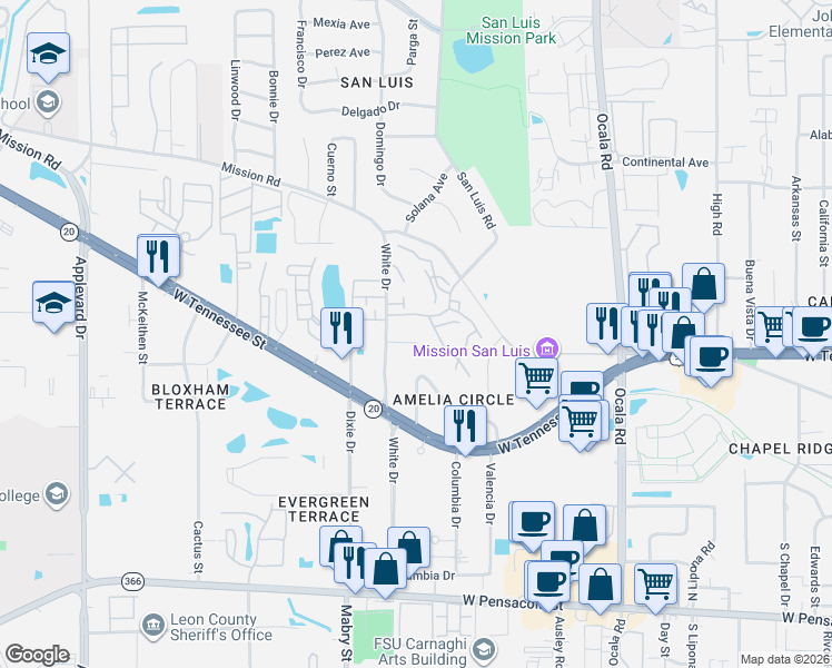 map of restaurants, bars, coffee shops, grocery stores, and more near 2328 Horne Avenue in Tallahassee