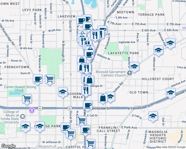 map of restaurants, bars, coffee shops, grocery stores, and more near 715 North Calhoun Street in Tallahassee