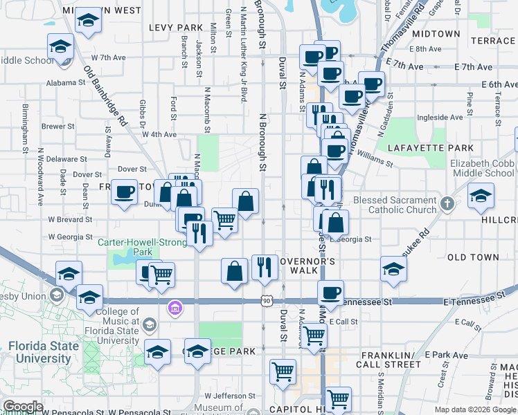 map of restaurants, bars, coffee shops, grocery stores, and more near 730 North Bronough Street in Tallahassee