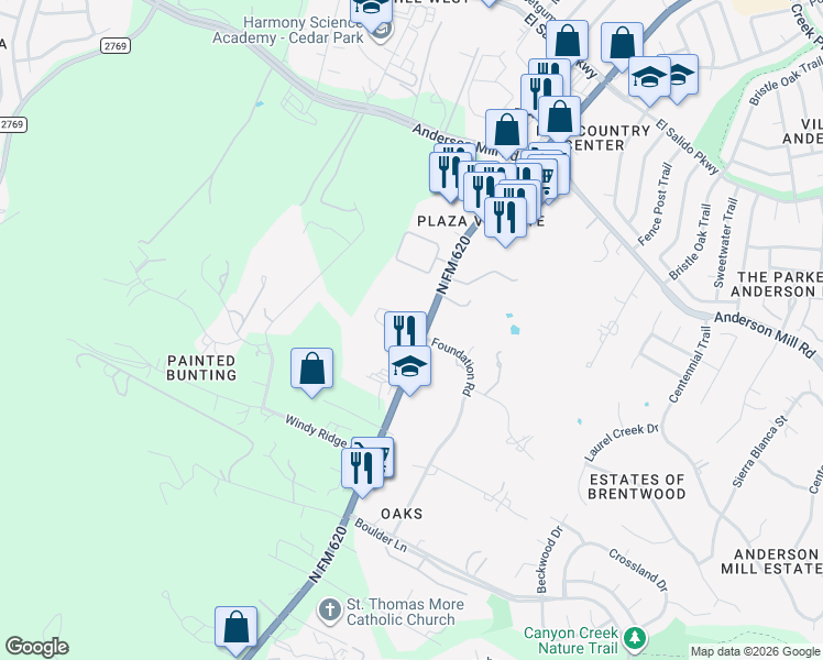 map of restaurants, bars, coffee shops, grocery stores, and more near 10910 North FM 620 in Austin