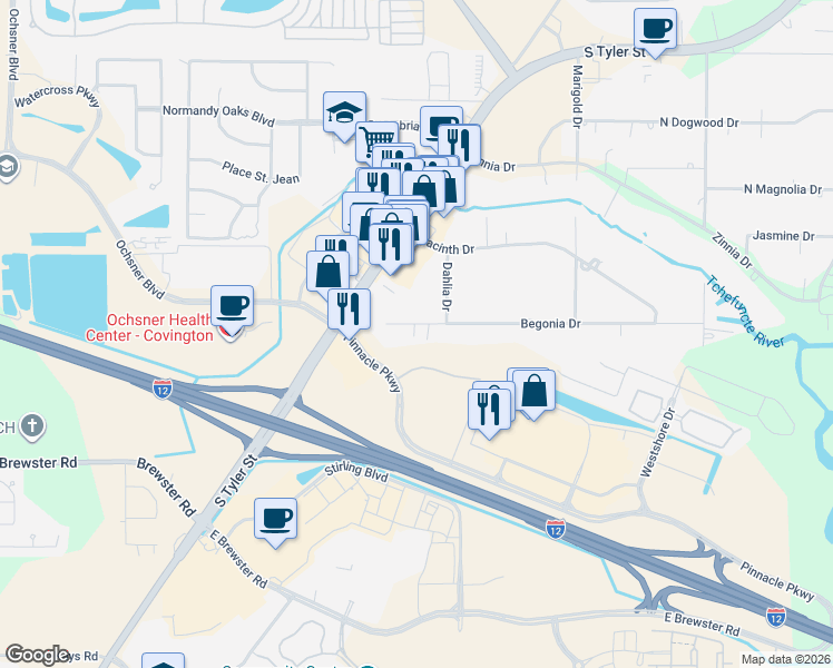 map of restaurants, bars, coffee shops, grocery stores, and more near 8 Begonia Drive in Covington