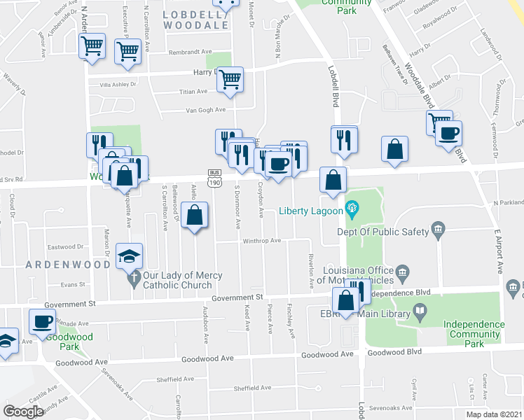 map of restaurants, bars, coffee shops, grocery stores, and more near Croydon Ave & Ship Dr in Baton Rouge