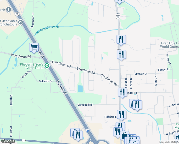 map of restaurants, bars, coffee shops, grocery stores, and more near 15639 East Hoffman Road in Ponchatoula
